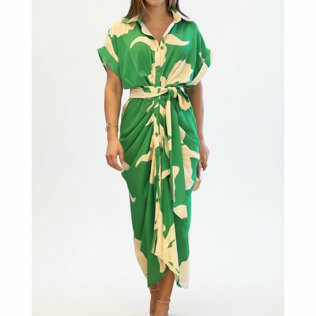Women's Temperament Printed Lapel Short Sleeve High-waist Blouse Dress