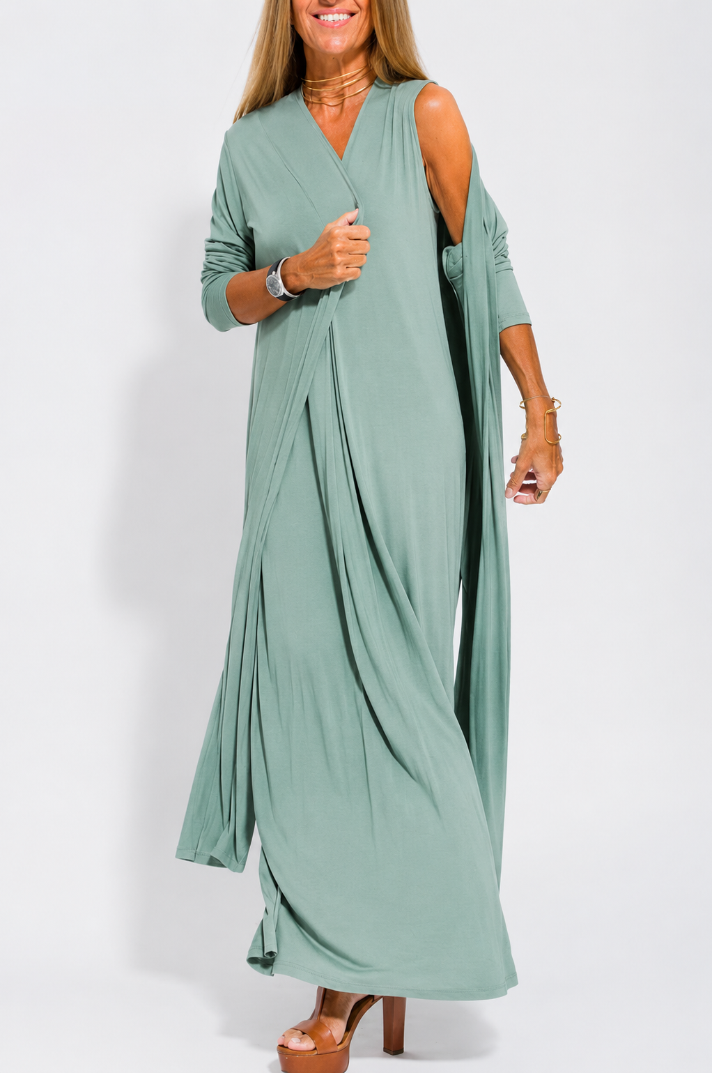 New Solid Color V-neck Sleeveless Dress Long Cardigan Jacket Suit For Women