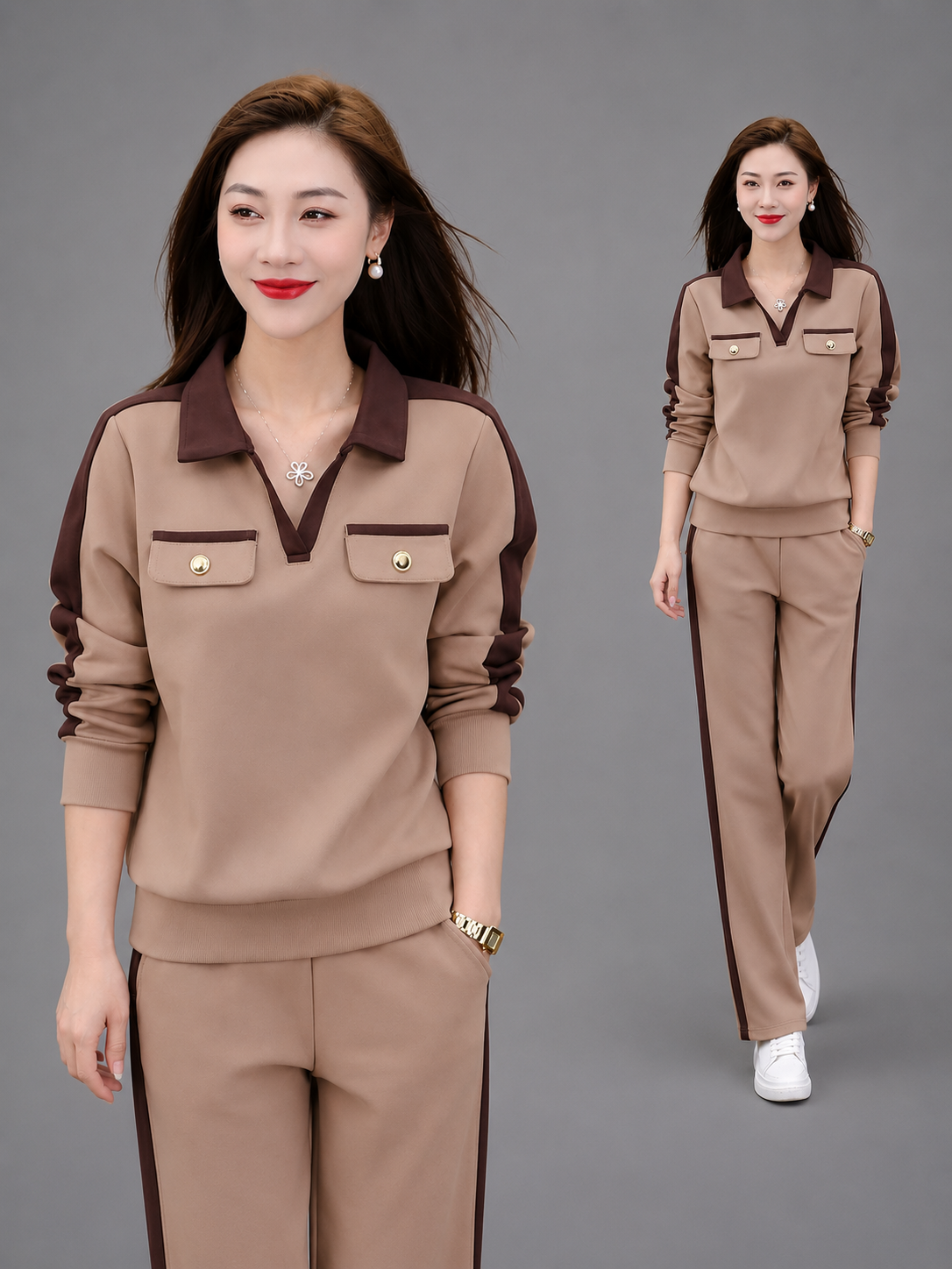 Casual Suit Women's Fashionable Stylish V-neck Slimming Long-sleeved Wide-leg Pants