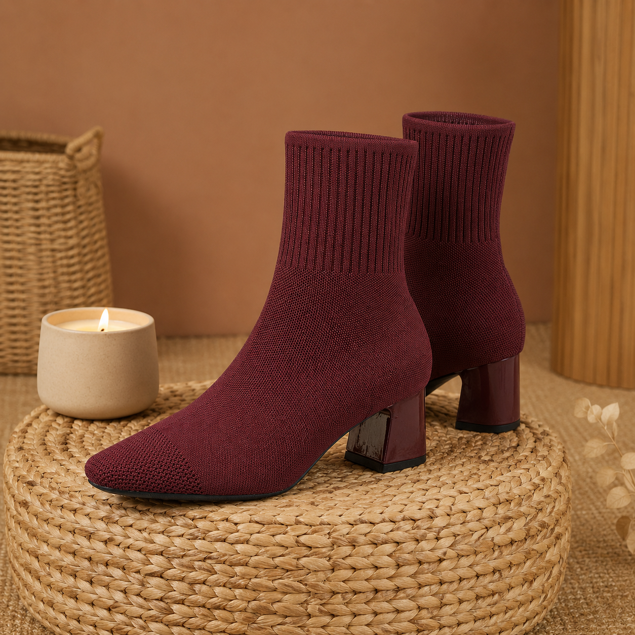 Bottes Mi-Mollet en Maille à Talon Épais