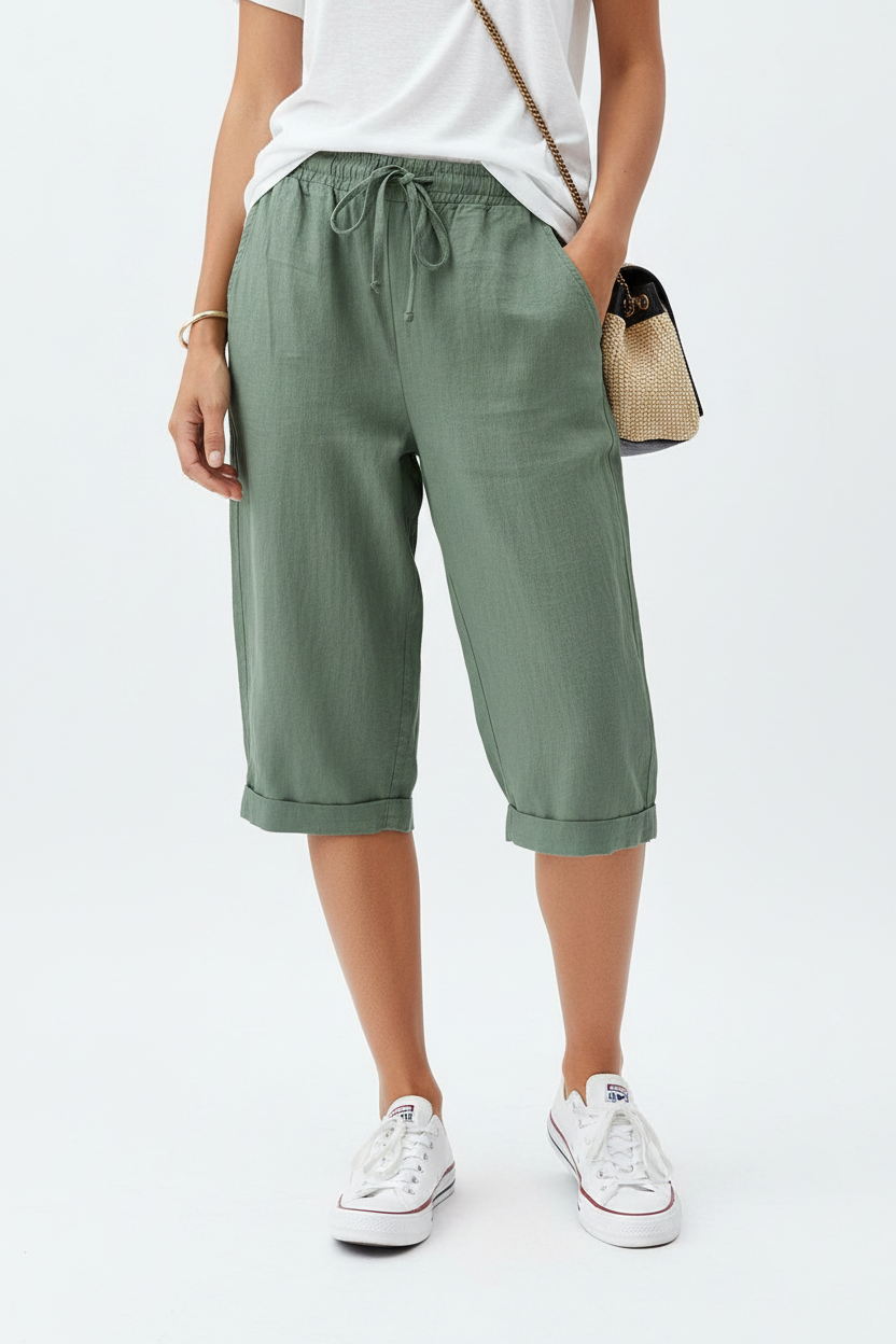 Women's Cotton And Linen Pocket Elasticated Slacks Women's Fifth Pants