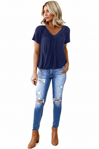 Women's Solid Color And V-neck Short-sleeved T-shirt