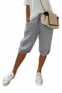 Women's Cotton And Linen Pocket Elasticated Slacks Women's Fifth Pants