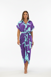 Women's Temperament Printed Lapel Short Sleeve High-waist Blouse Dress