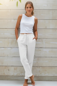Cotton And Linen Women's High Waist Elastic Waist Solid Color Cotton And Linen Casual Pants