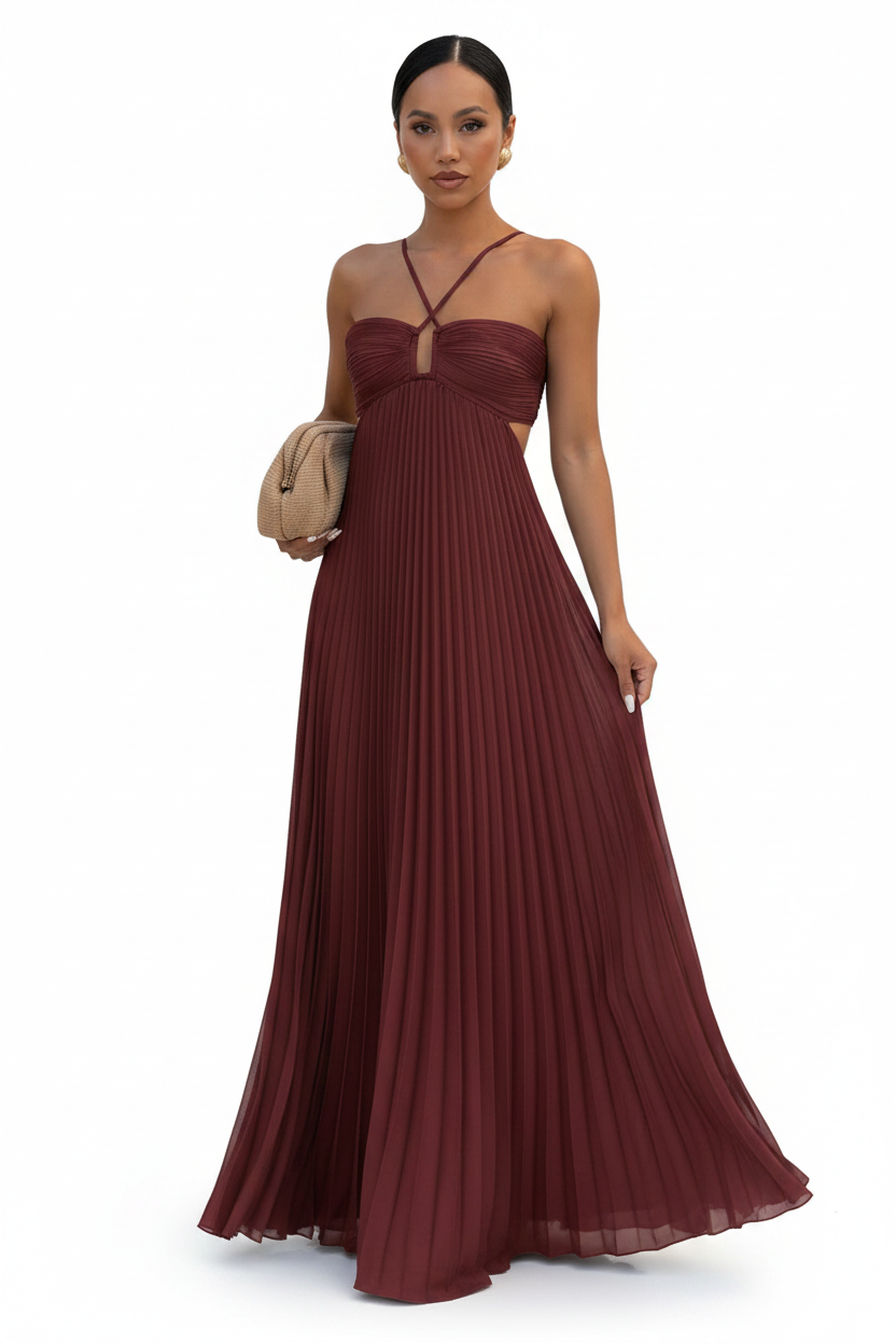 Ins Pleated Sleeveless Sling Dress Hollow High Waist Halter Robe Dresses For Evening Party Club Clothing Women