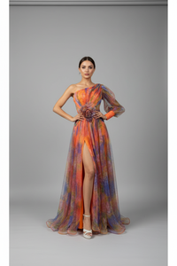 Mesh Tie-dye Printed Off-shoulder Slit Dress Summer INS Fashion Long Dress Party Womens Clothing
