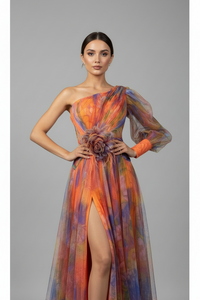 Mesh Tie-dye Printed Off-shoulder Slit Dress Summer INS Fashion Long Dress Party Womens Clothing