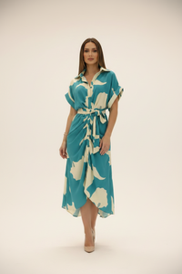 Women's Temperament Printed Lapel Short Sleeve High-waist Blouse Dress