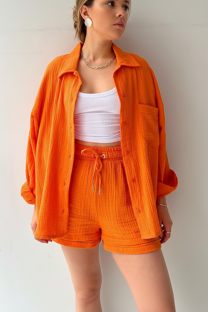 Spring Champray Lapel Long Sleeve Shirt High Waist Drawstring Shorts Plus Size Fashion Casual Set