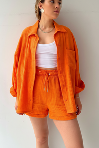 Spring Champray Lapel Long Sleeve Shirt High Waist Drawstring Shorts Plus Size Fashion Casual Set