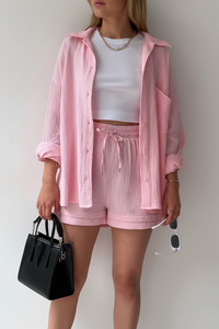 Spring Champray Lapel Long Sleeve Shirt High Waist Drawstring Shorts Plus Size Fashion Casual Set
