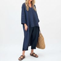 2pcs Long-sleeved Suits Loose V-neck Long Top And High Waist Wide Leg Pants With Pockets Women's Clothing