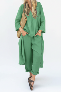 2pcs Long-sleeved Suits Loose V-neck Long Top And High Waist Wide Leg Pants With Pockets Women's Clothing