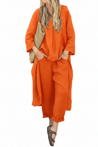 2pcs Long-sleeved Suits Loose V-neck Long Top And High Waist Wide Leg Pants With Pockets Women's Clothing