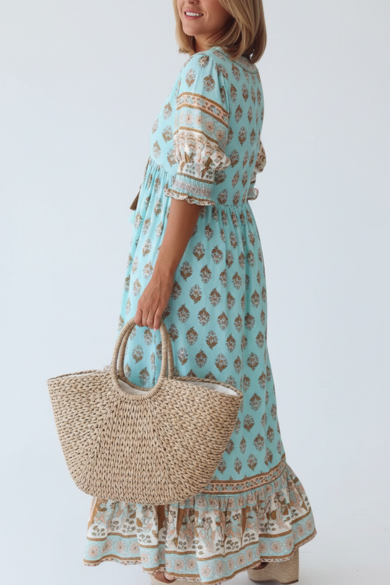 Summer Bohemian Print Lantern-Sleeved Dress Fashion Loose V-Neck Ruffle Long Dress Beach Clothing For Women