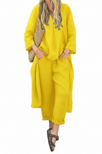 2pcs Long-sleeved Suits Loose V-neck Long Top And High Waist Wide Leg Pants With Pockets Women's Clothing