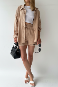 Spring Champray Lapel Long Sleeve Shirt High Waist Drawstring Shorts Plus Size Fashion Casual Set