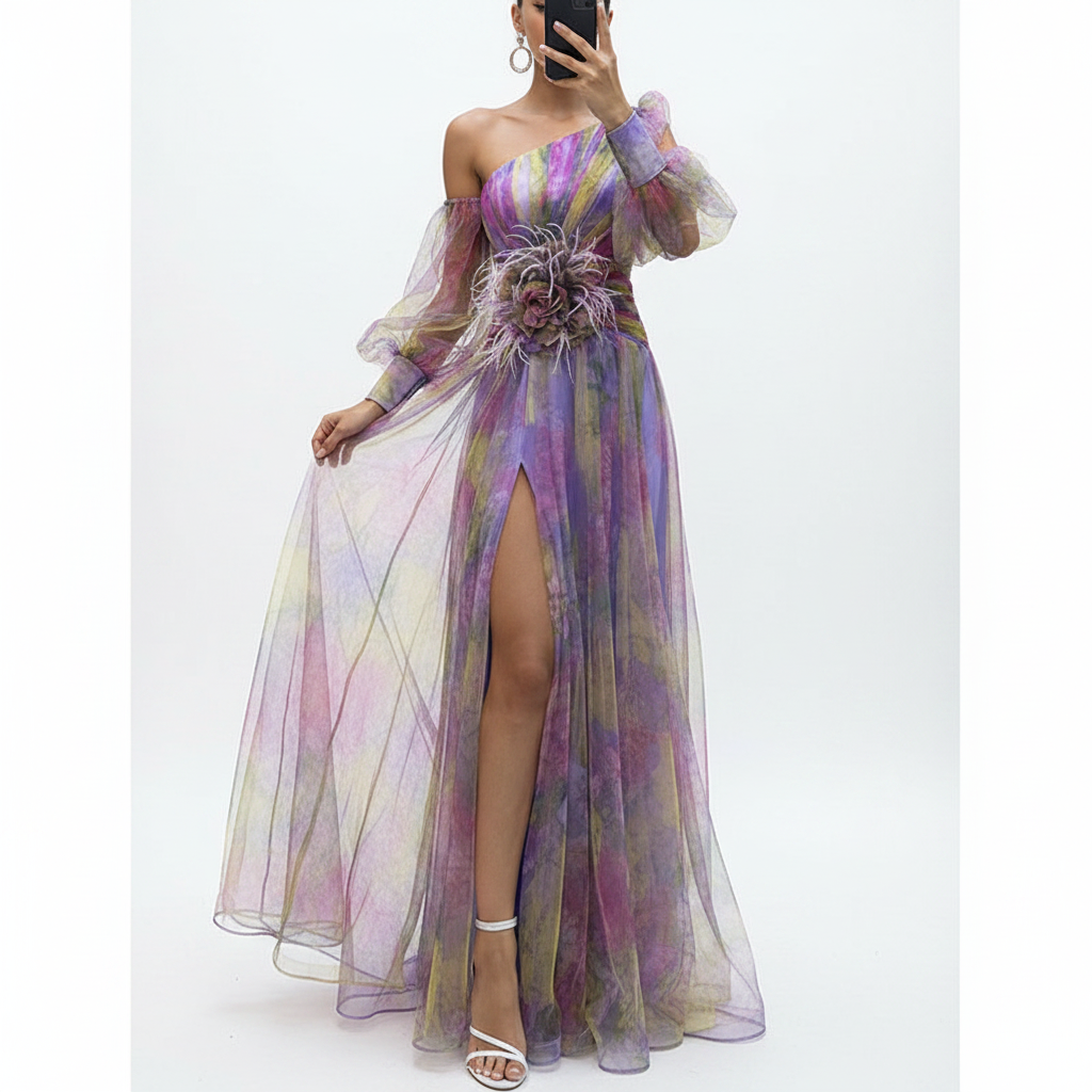 Mesh Tie-dye Printed Off-shoulder Slit Dress Summer INS Fashion Long Dress Party Womens Clothing
