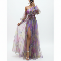 Mesh Tie-dye Printed Off-shoulder Slit Dress Summer INS Fashion Long Dress Party Womens Clothing