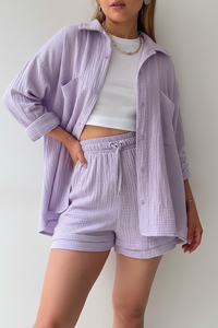 Spring Champray Lapel Long Sleeve Shirt High Waist Drawstring Shorts Plus Size Fashion Casual Set