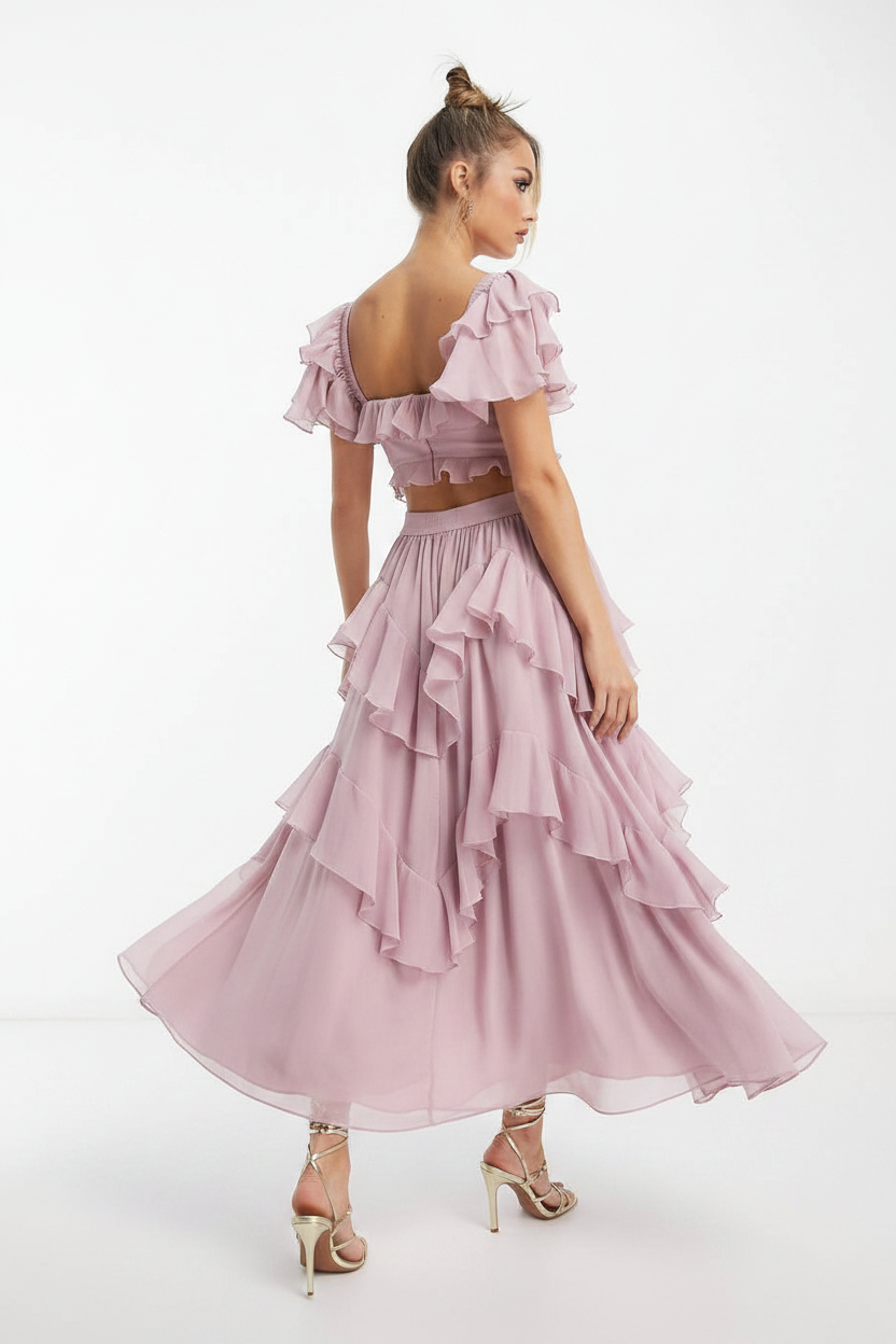 Summer Holiday Ruffled Short-sleeved Dress Fashion Backless Square Neck Long Dresses For Party Womens Clothing