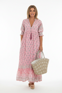 Summer Bohemian Print Lantern-Sleeved Dress Fashion Loose V-Neck Ruffle Long Dress Beach Clothing For Women