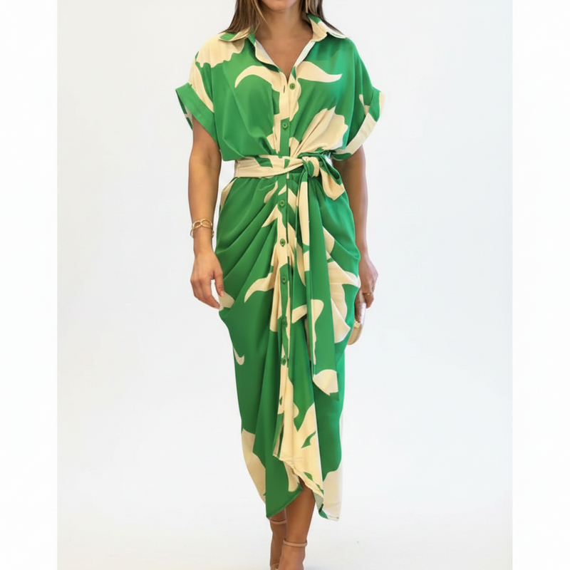 Women's Temperament Printed Lapel Short Sleeve High-waist Blouse Dress