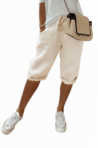 Women's Cotton And Linen Pocket Elasticated Slacks Women's Fifth Pants