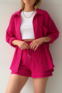 Spring Champray Lapel Long Sleeve Shirt High Waist Drawstring Shorts Plus Size Fashion Casual Set