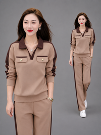 Casual Suit Women's Fashionable Stylish V-neck Slimming Long-sleeved Wide-leg Pants