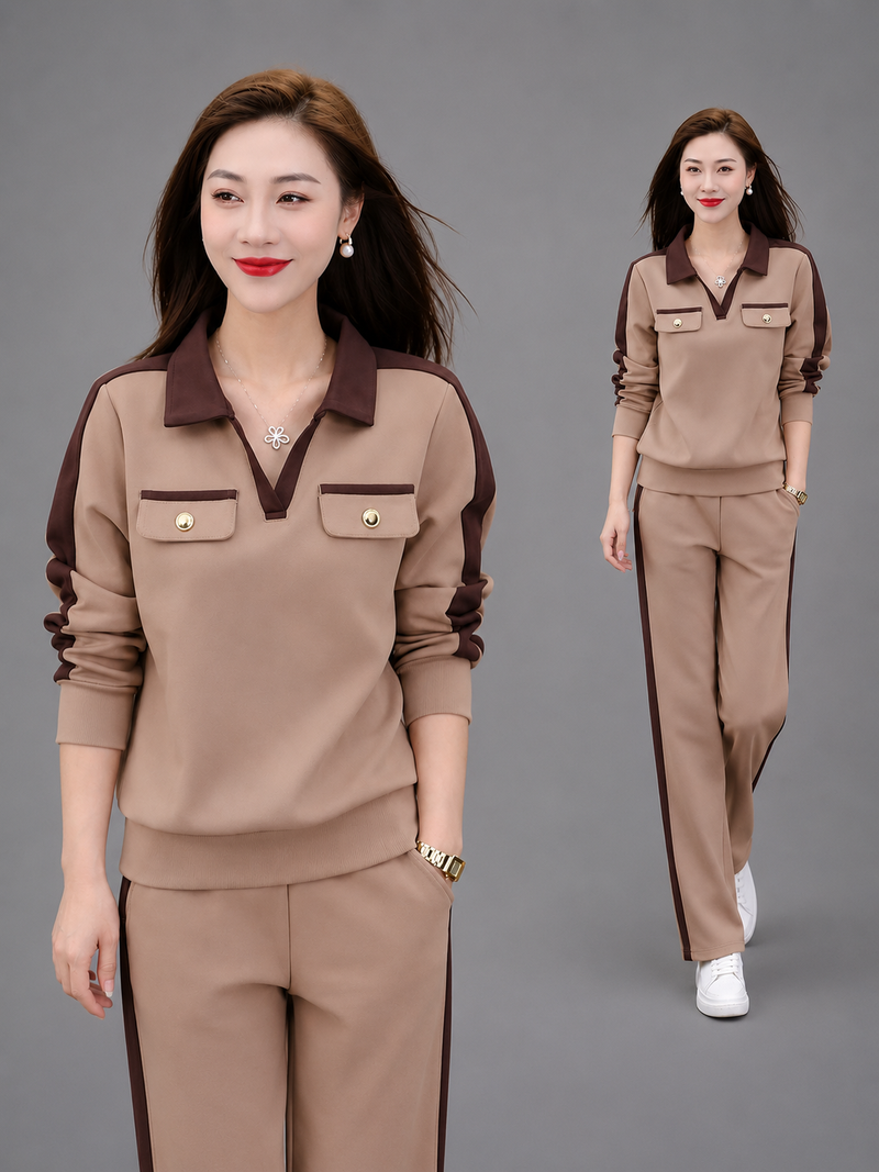 Casual Suit Women's Fashionable Stylish V-neck Slimming Long-sleeved Wide-leg Pants