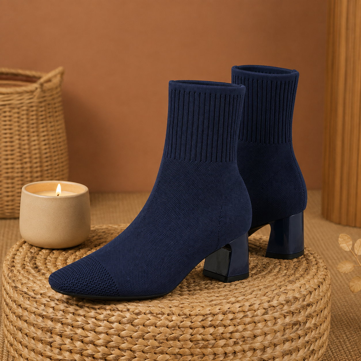 Bottes Mi-Mollet en Maille à Talon Épais