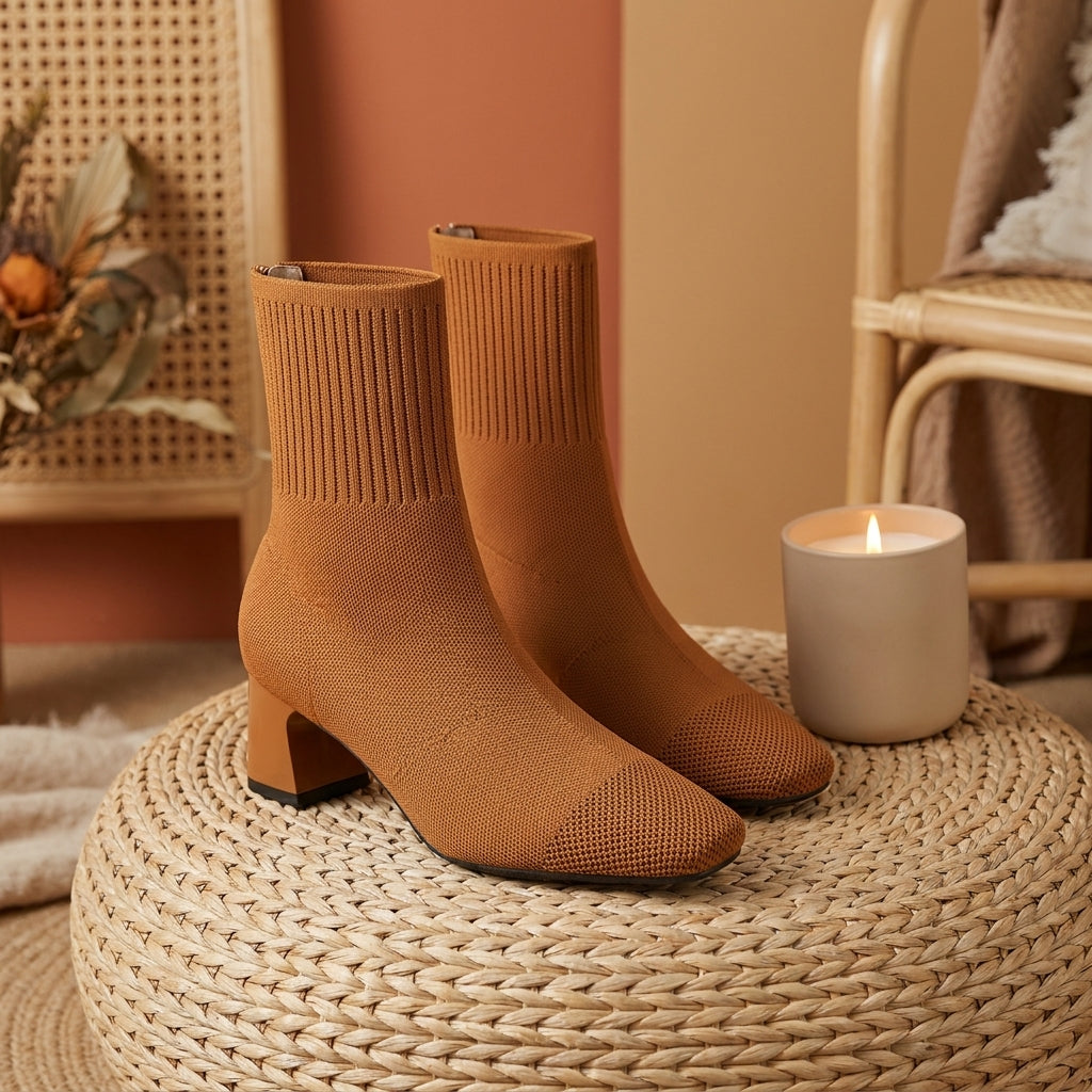Bottes Mi-Mollet en Maille à Talon Épais