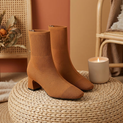 Bottes Mi-Mollet en Maille à Talon Épais