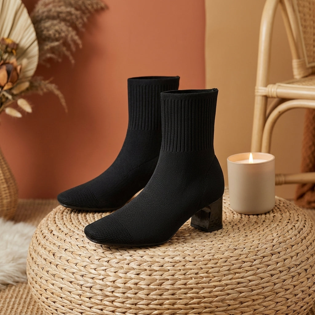 Bottes Mi-Mollet en Maille à Talon Épais