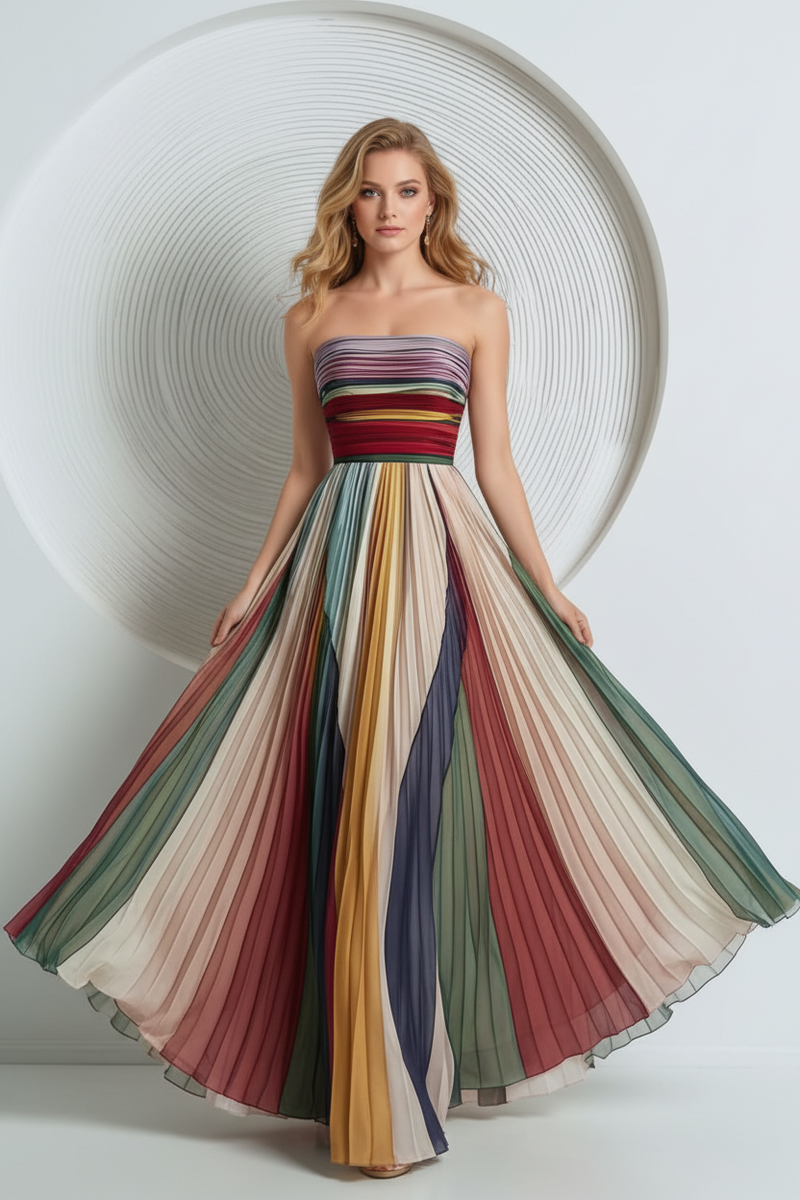 Women's Sexy Tube Top Backless Printed Color Swing Maxi Dress