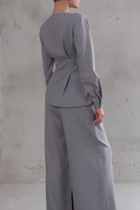 Light Gray V-Neck Asymmetrical Button Top & Wide-Leg Pants Set