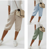 Women's Cotton And Linen Pocket Elasticated Slacks Women's Fifth Pants