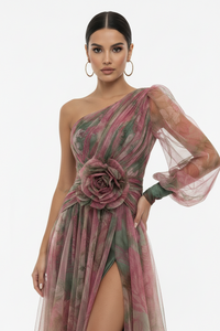 Mesh Tie-dye Printed Off-shoulder Slit Dress Summer INS Fashion Long Dress Party Womens Clothing