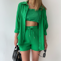 Spring Champray Lapel Long Sleeve Shirt High Waist Drawstring Shorts Plus Size Fashion Casual Set