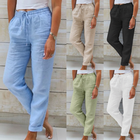 Cotton And Linen Women's High Waist Elastic Waist Solid Color Cotton And Linen Casual Pants