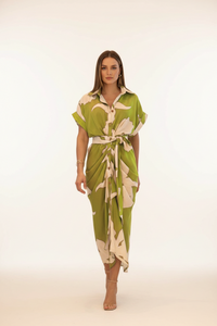 Women's Temperament Printed Lapel Short Sleeve High-waist Blouse Dress