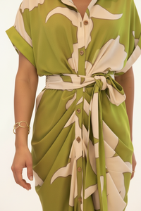 Women's Temperament Printed Lapel Short Sleeve High-waist Blouse Dress