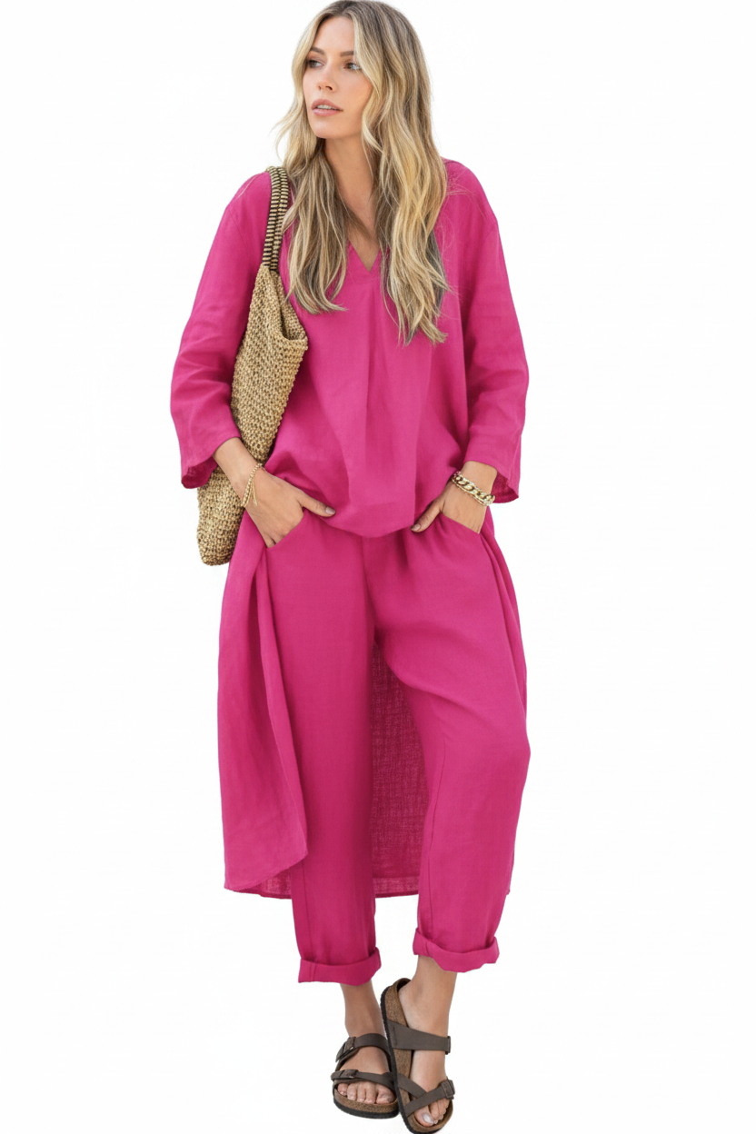 2pcs Long-sleeved Suits Loose V-neck Long Top And High Waist Wide Leg Pants With Pockets Women's Clothing