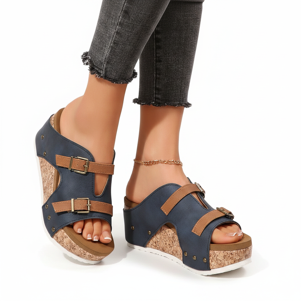 Ins Buckle Wedges Sandals Summer Fish Mouth Thick High Heel Slides Slippers Outdoor Fashion Beach Roman Shoes For Women